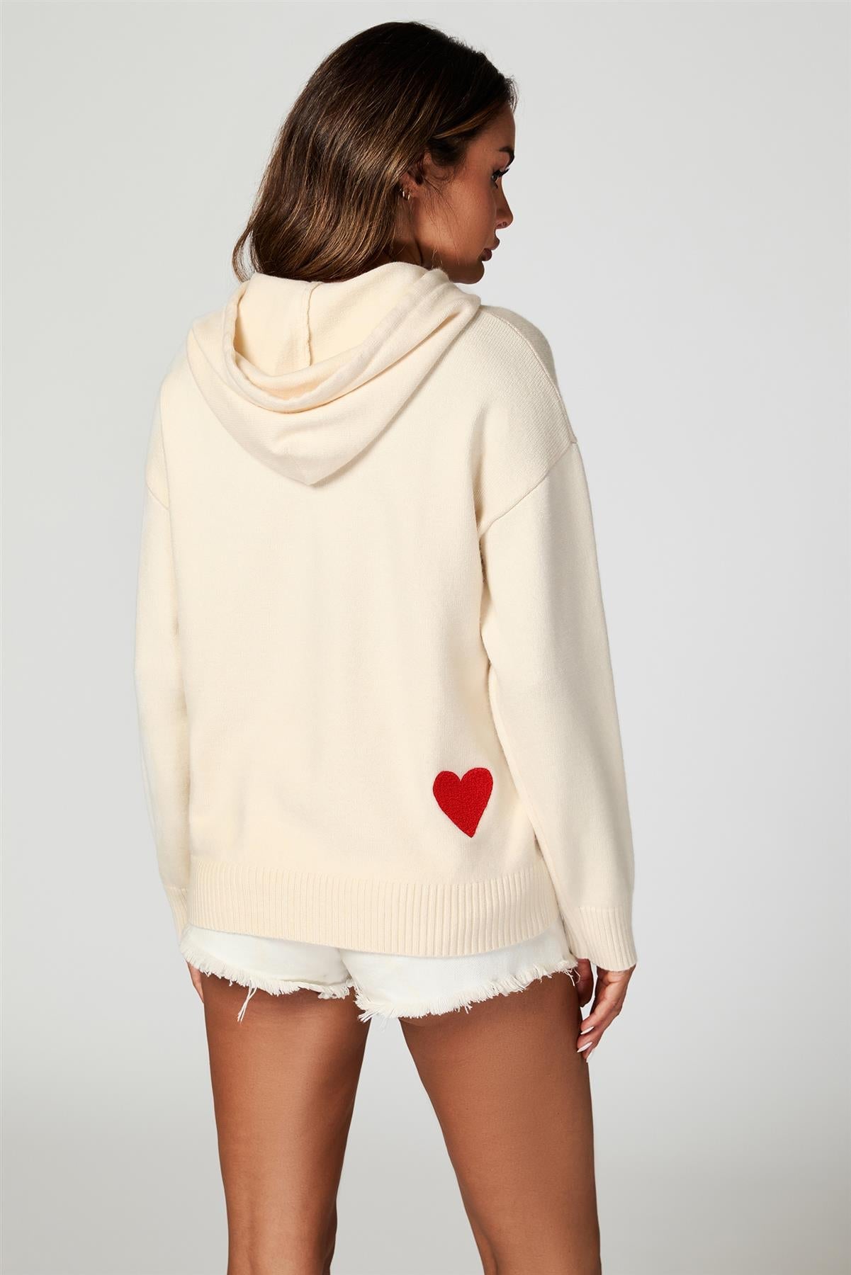 Heart Embroidery Knitted Hoodie In Cream - AXON