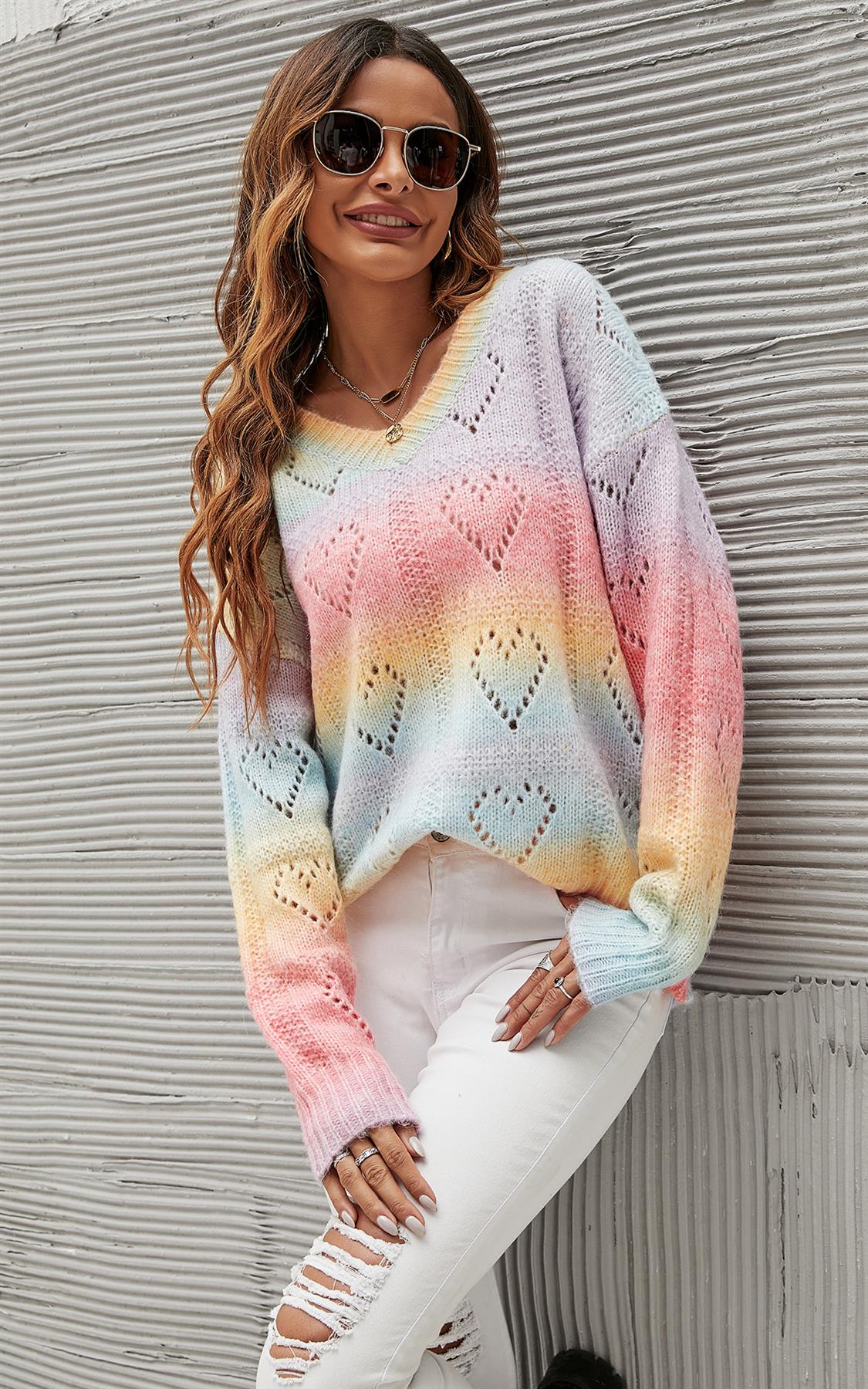 Heart Jumper Top In Pink Blue Yellow Rainbow - AXON
