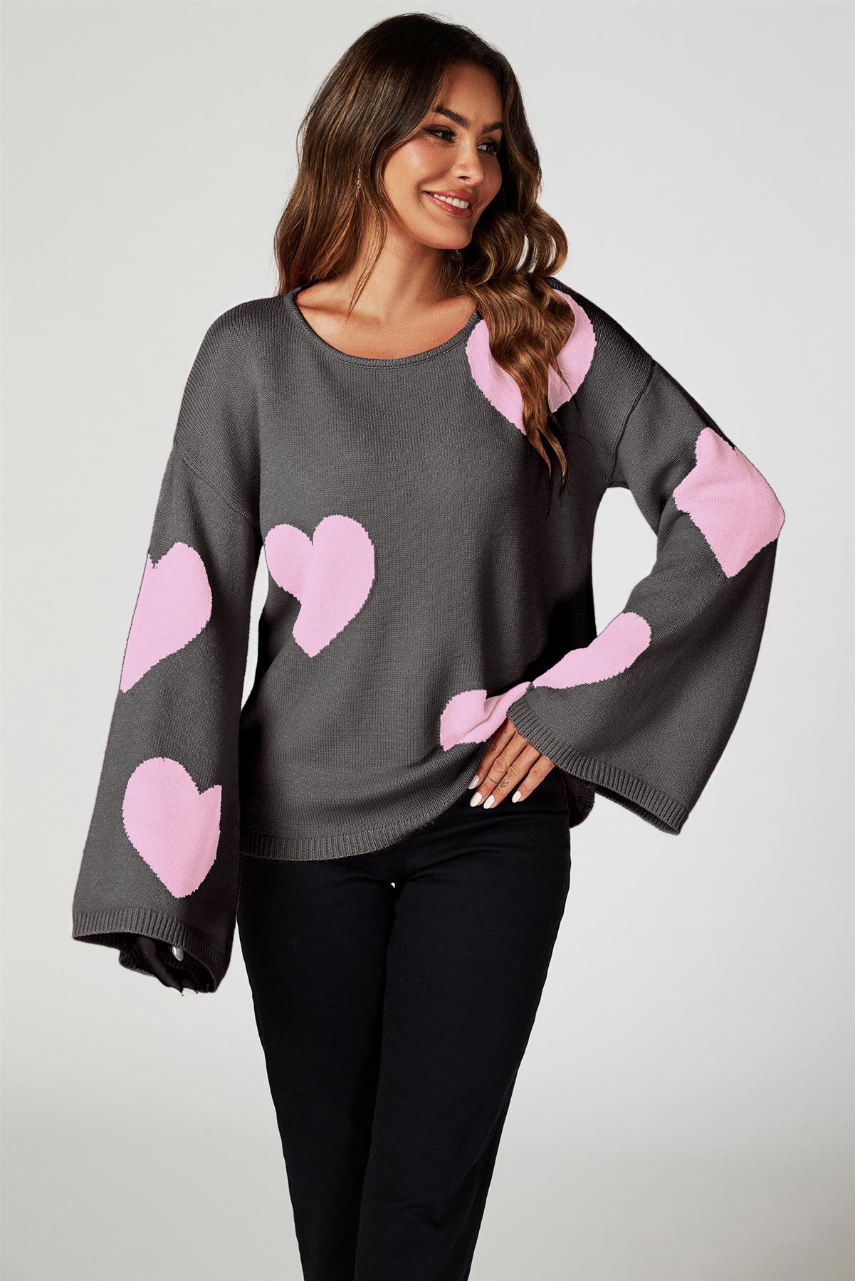 Heart Patten Wide Sleeve Oversize Jumper In Dark Grey - AXON