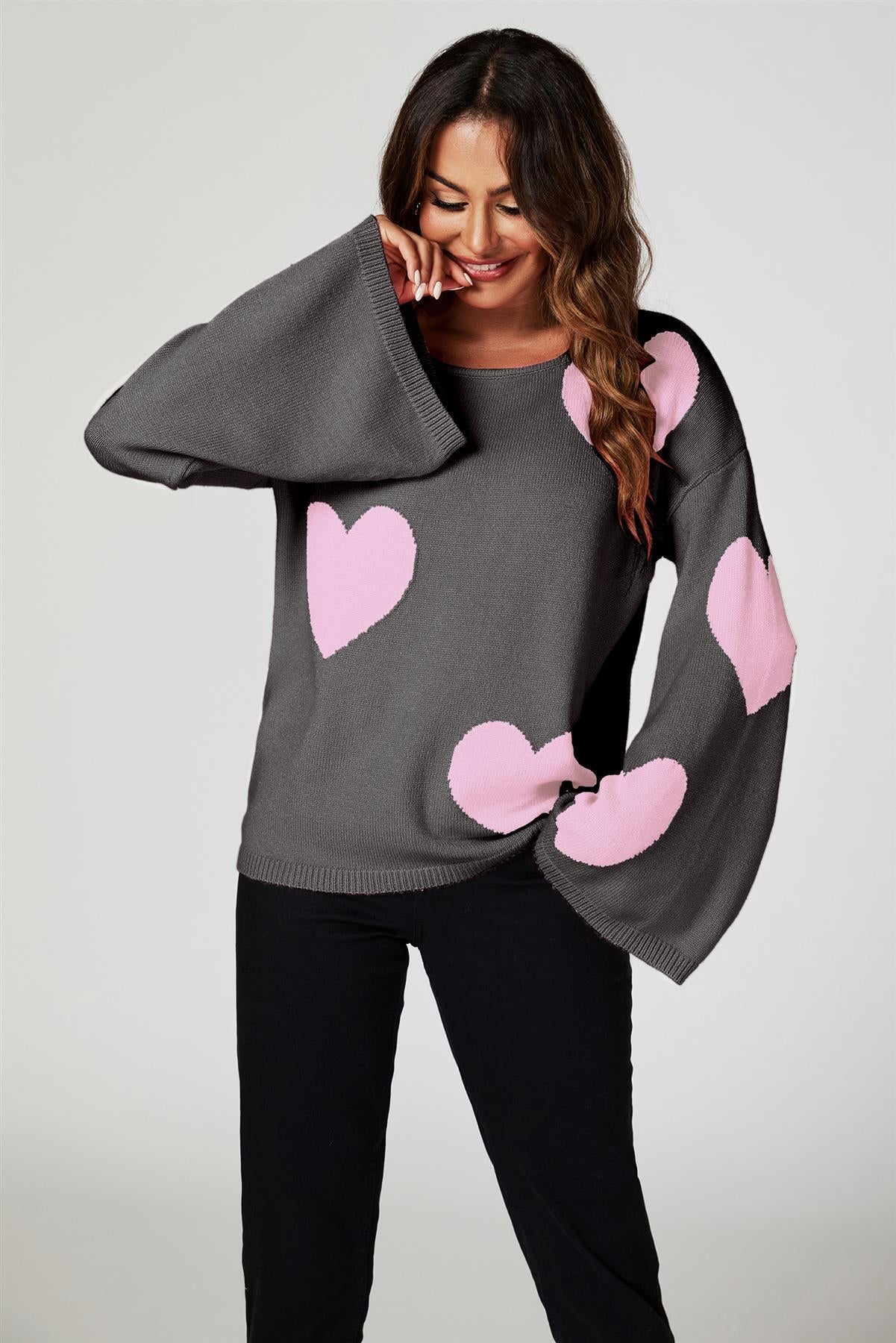 Heart Patten Wide Sleeve Oversize Jumper In Dark Grey - AXON
