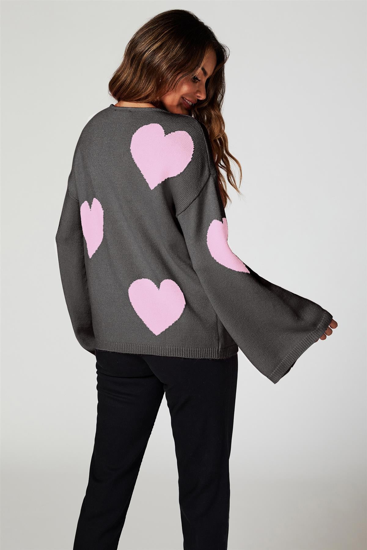 Heart Patten Wide Sleeve Oversize Jumper In Dark Grey - AXON