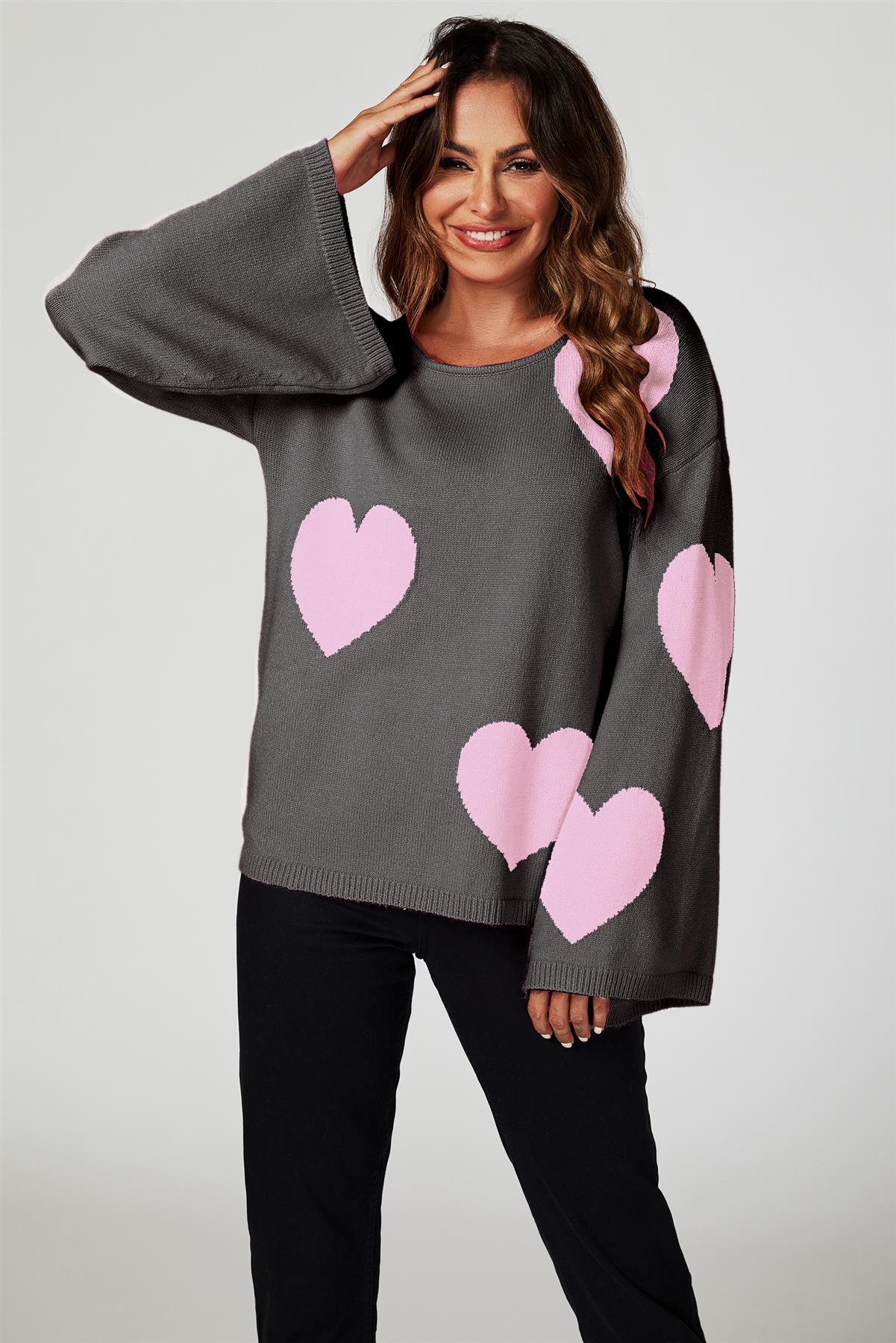 Heart Patten Wide Sleeve Oversize Jumper In Dark Grey - AXON