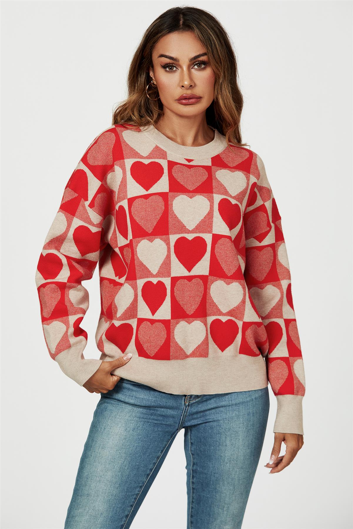 Heart Pattern Knitted Jumper In Red - AXON