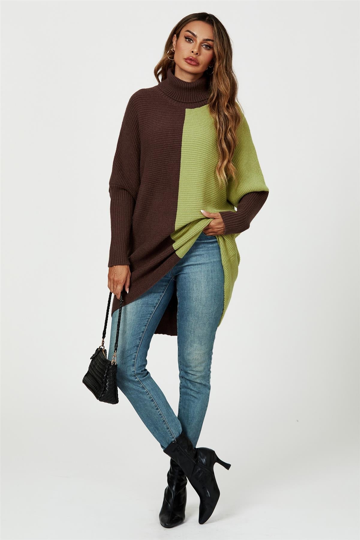 High Neck Half Brown & Green Block Colour Jumper Top - AXON