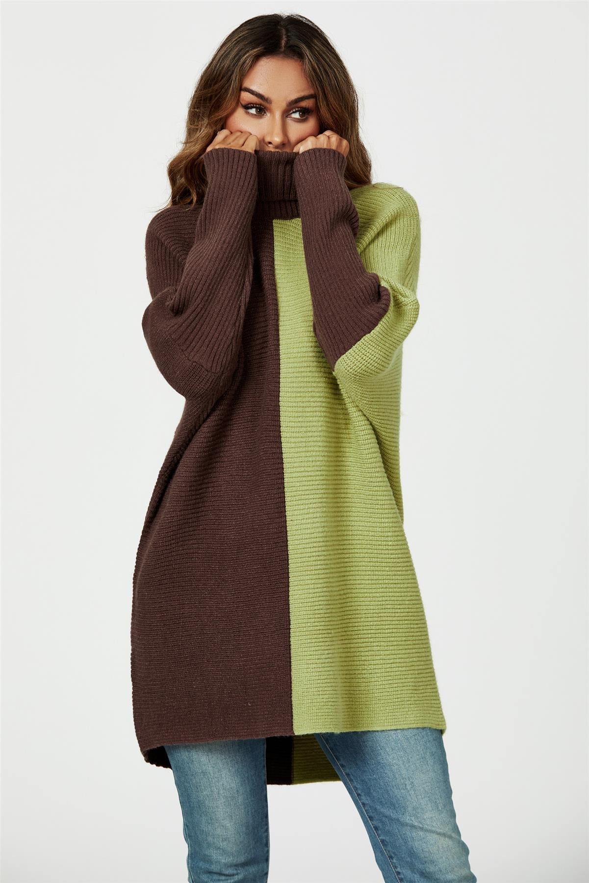 High Neck Half Brown & Green Block Colour Jumper Top - AXON