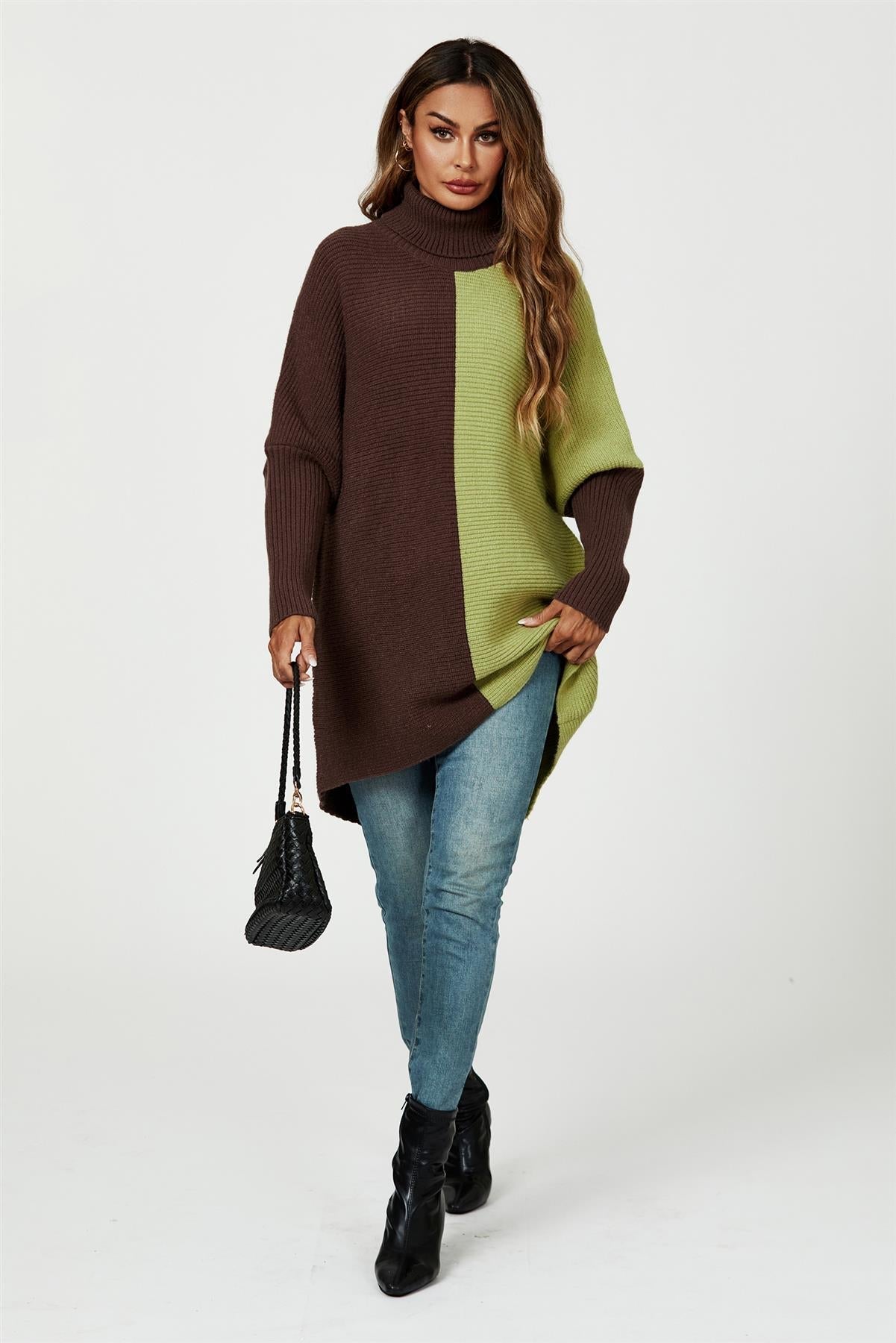 High Neck Half Brown & Green Block Colour Jumper Top - AXON