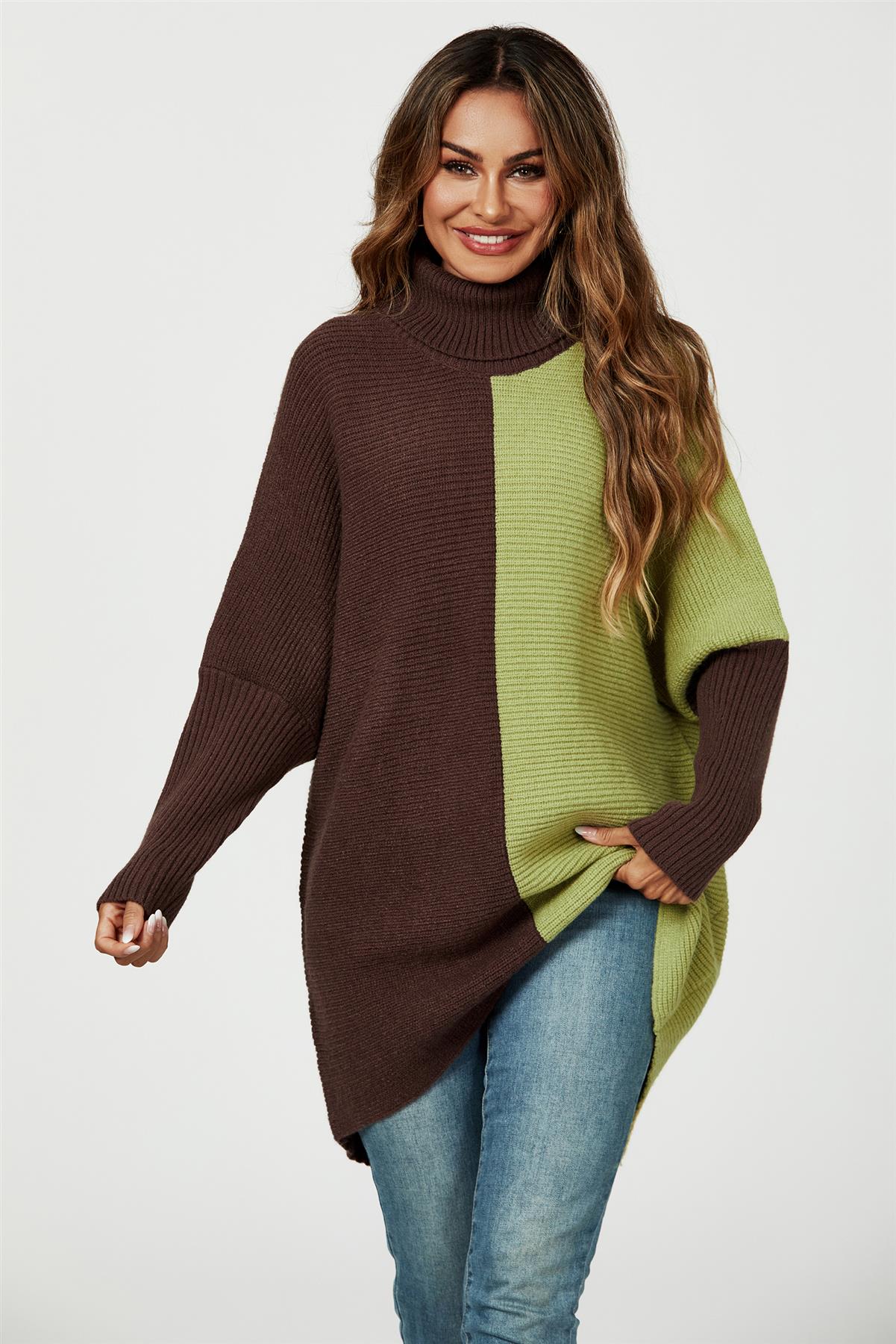 High Neck Half Brown & Green Block Colour Jumper Top - AXON