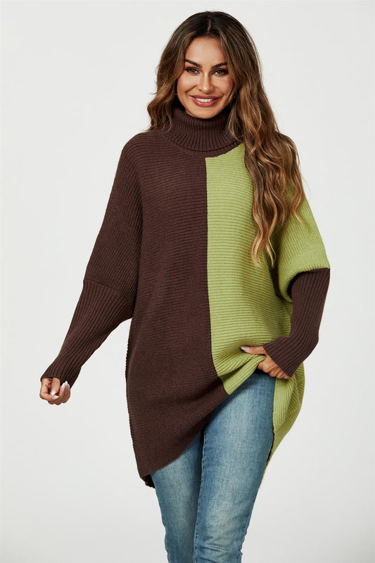 High Neck Half Brown & Green Block Colour Jumper Top - AXON