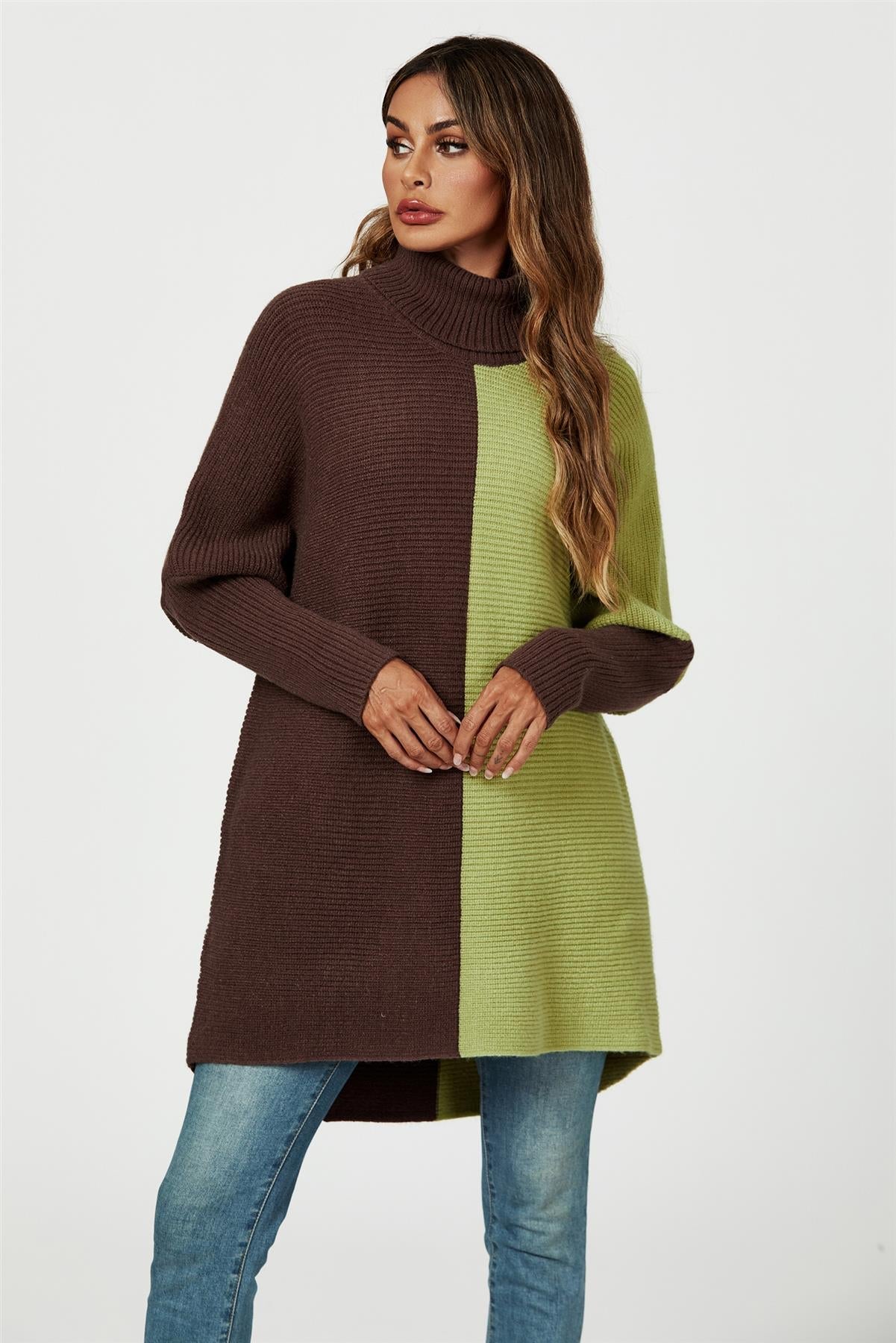 High Neck Half Brown & Green Block Colour Jumper Top - AXON