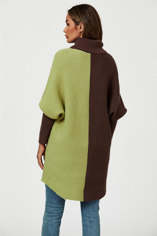 High Neck Half Brown & Green Block Colour Jumper Top - AXON