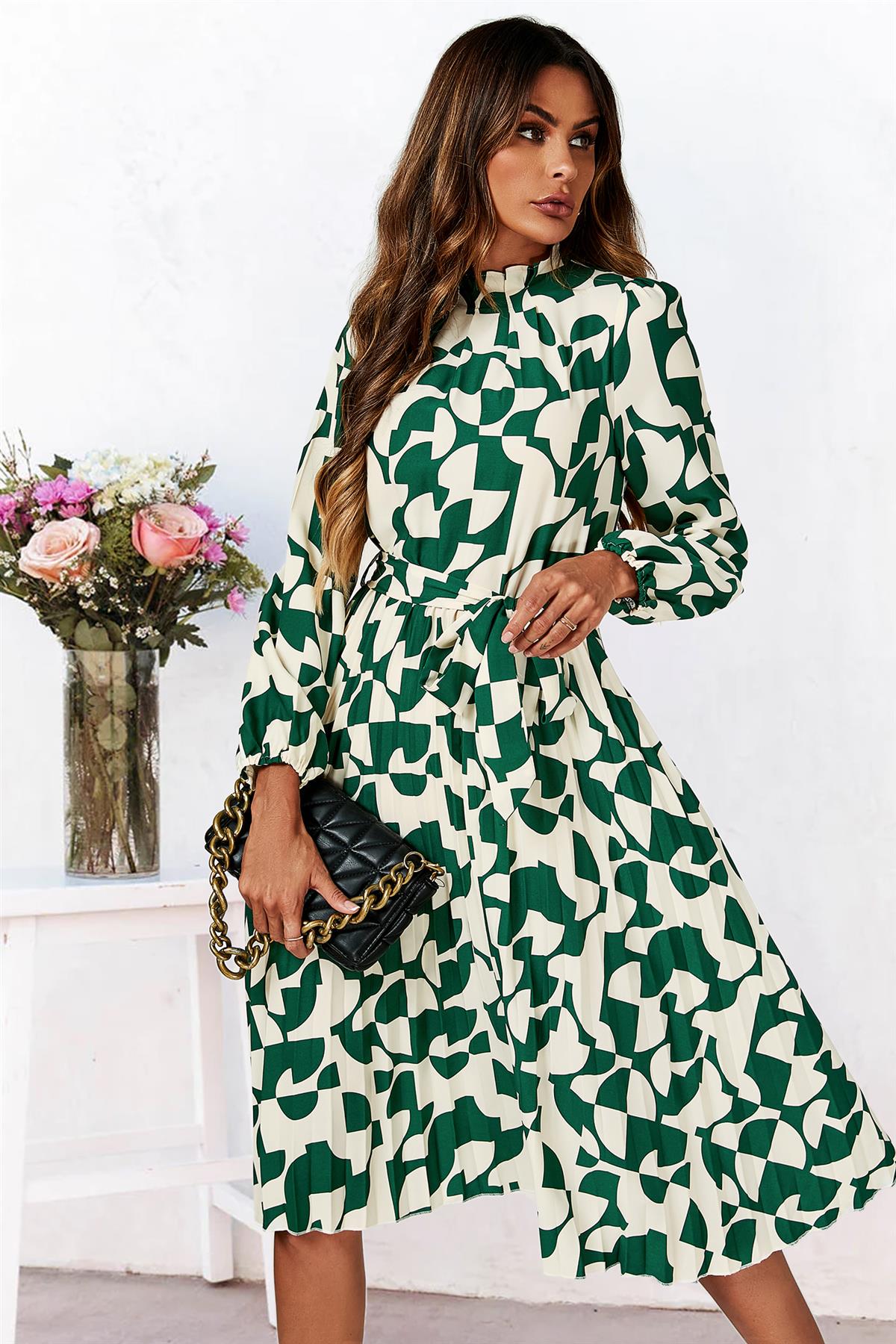 High Neck Long Sleeve Midi Dress In Green - AXON