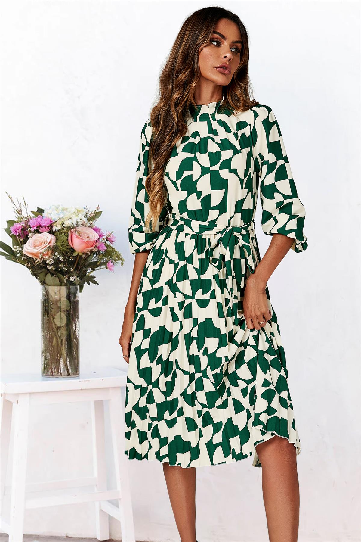 High Neck Long Sleeve Midi Dress In Green - AXON