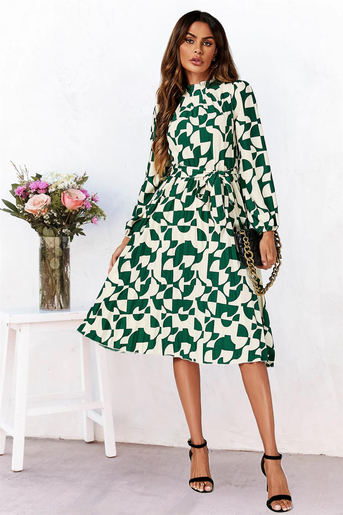 High Neck Long Sleeve Midi Dress In Green - AXON