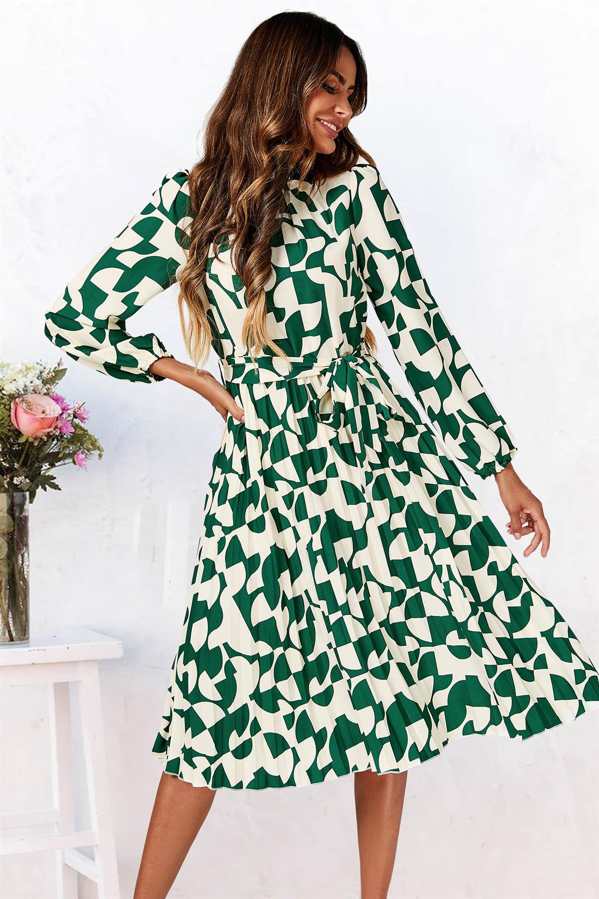 High Neck Long Sleeve Midi Dress In Green - AXON