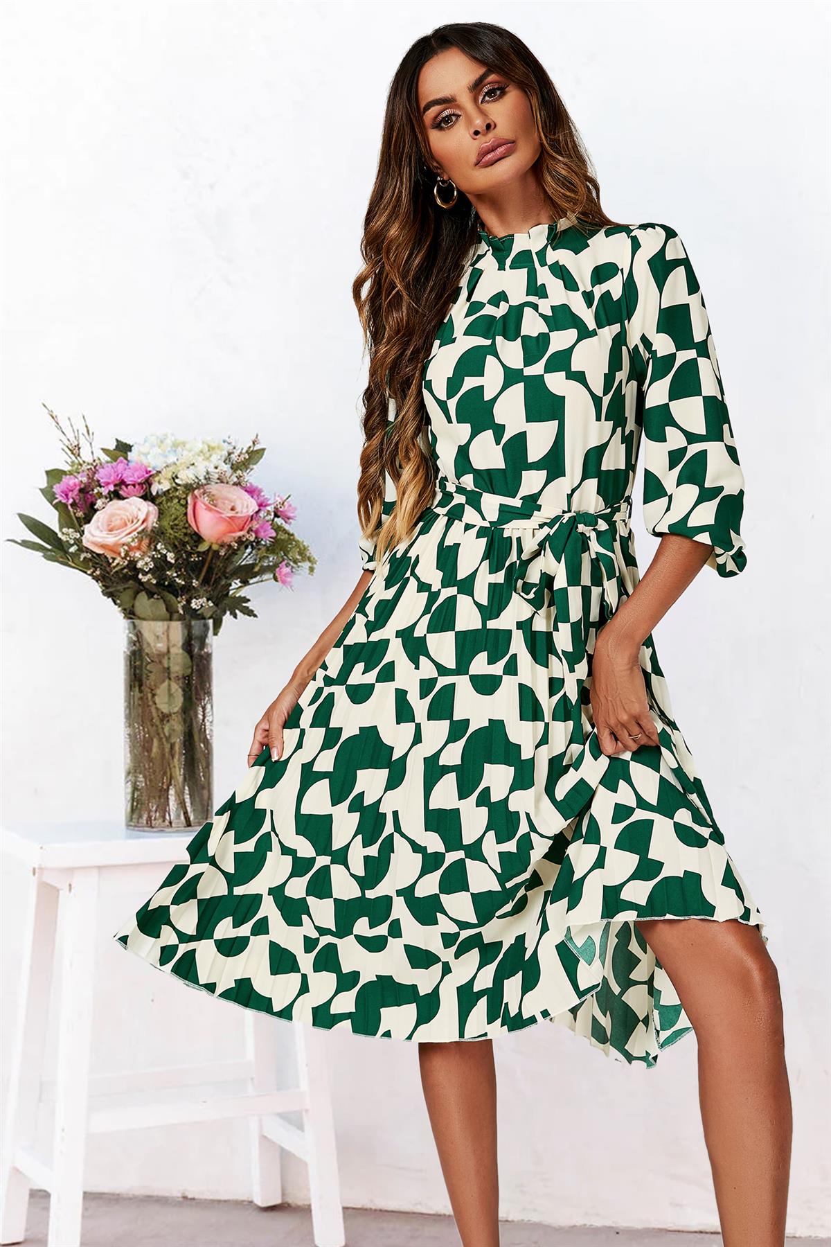 High Neck Long Sleeve Midi Dress In Green - AXON