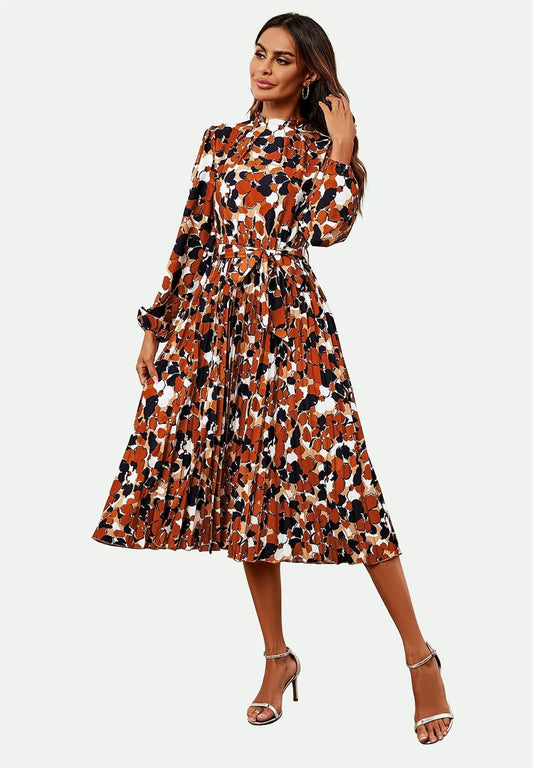 High Neck Long Sleeve Midi Dress In Rust - AXON