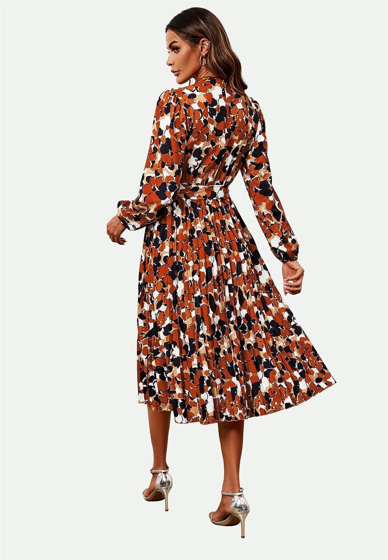 High Neck Long Sleeve Midi Dress In Rust - AXON