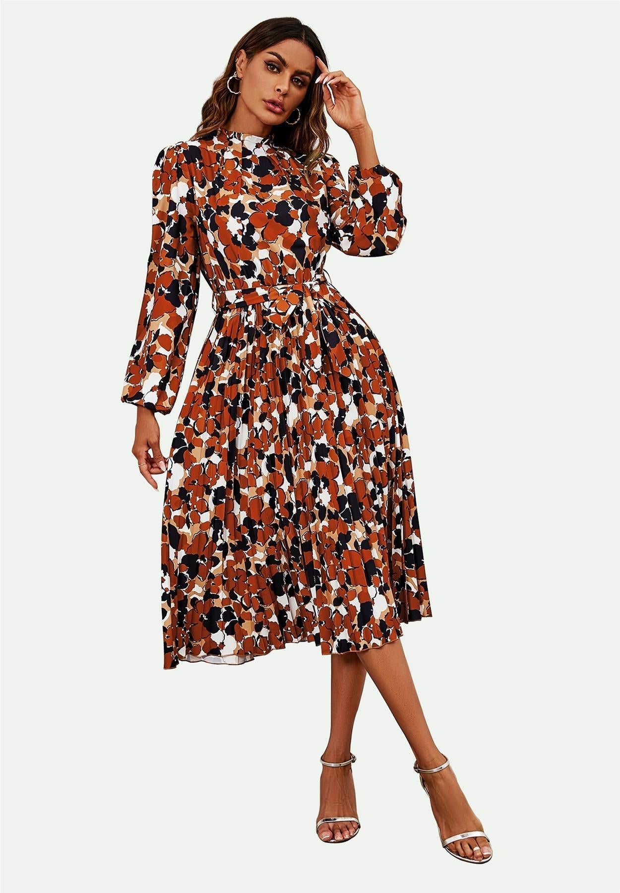 High Neck Long Sleeve Midi Dress In Rust - AXON