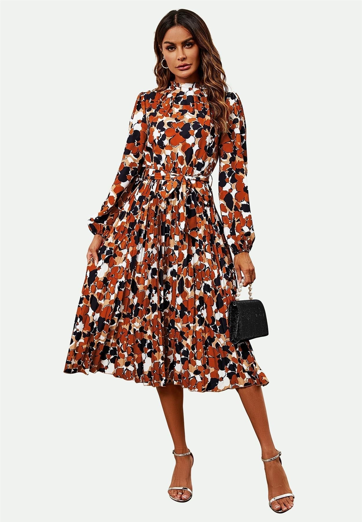 High Neck Long Sleeve Midi Dress In Rust - AXON