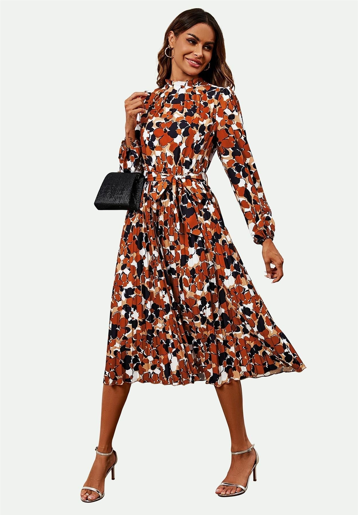 High Neck Long Sleeve Midi Dress In Rust - AXON