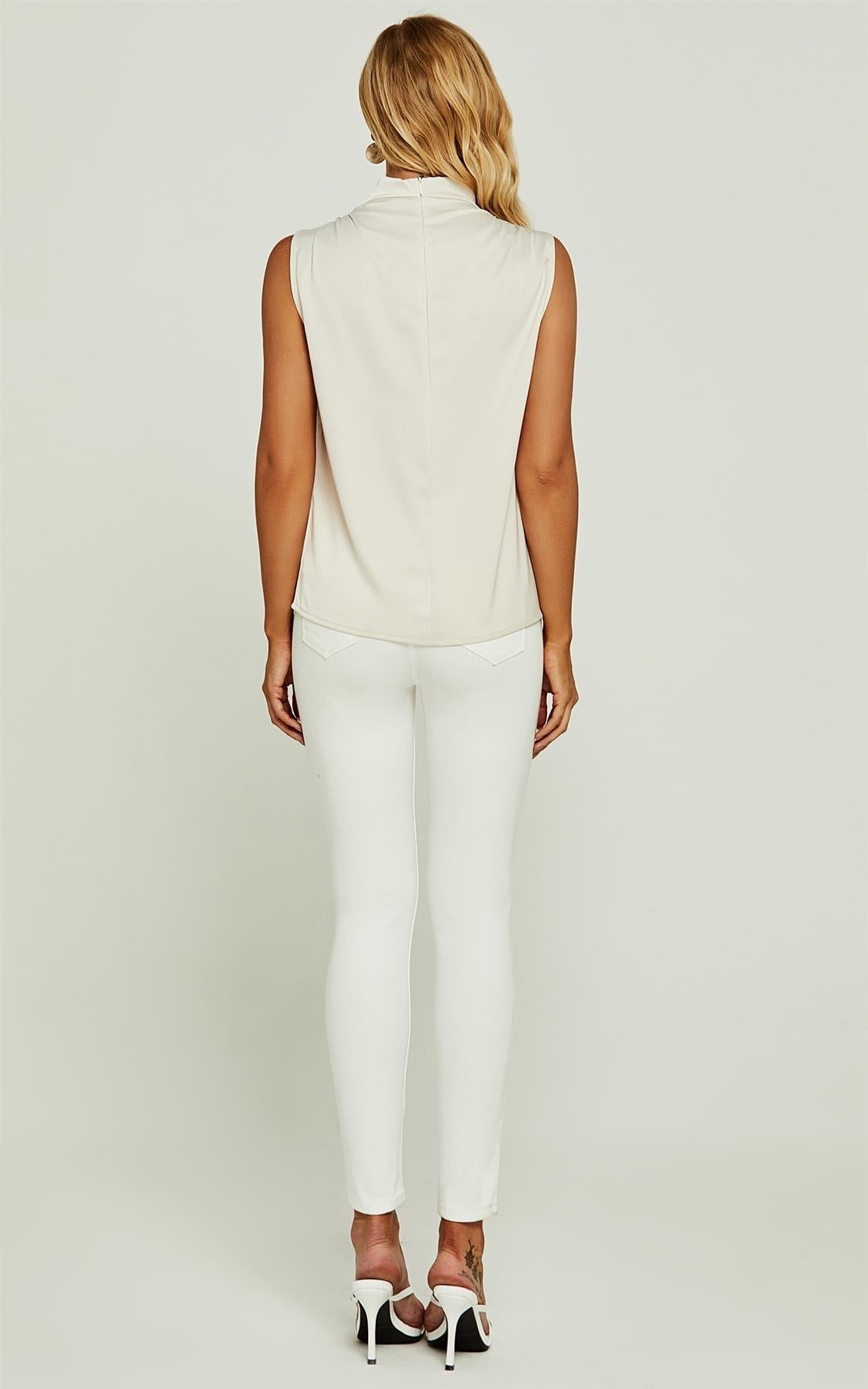 High Neck Sleeveless Blouse In Oyster - AXON