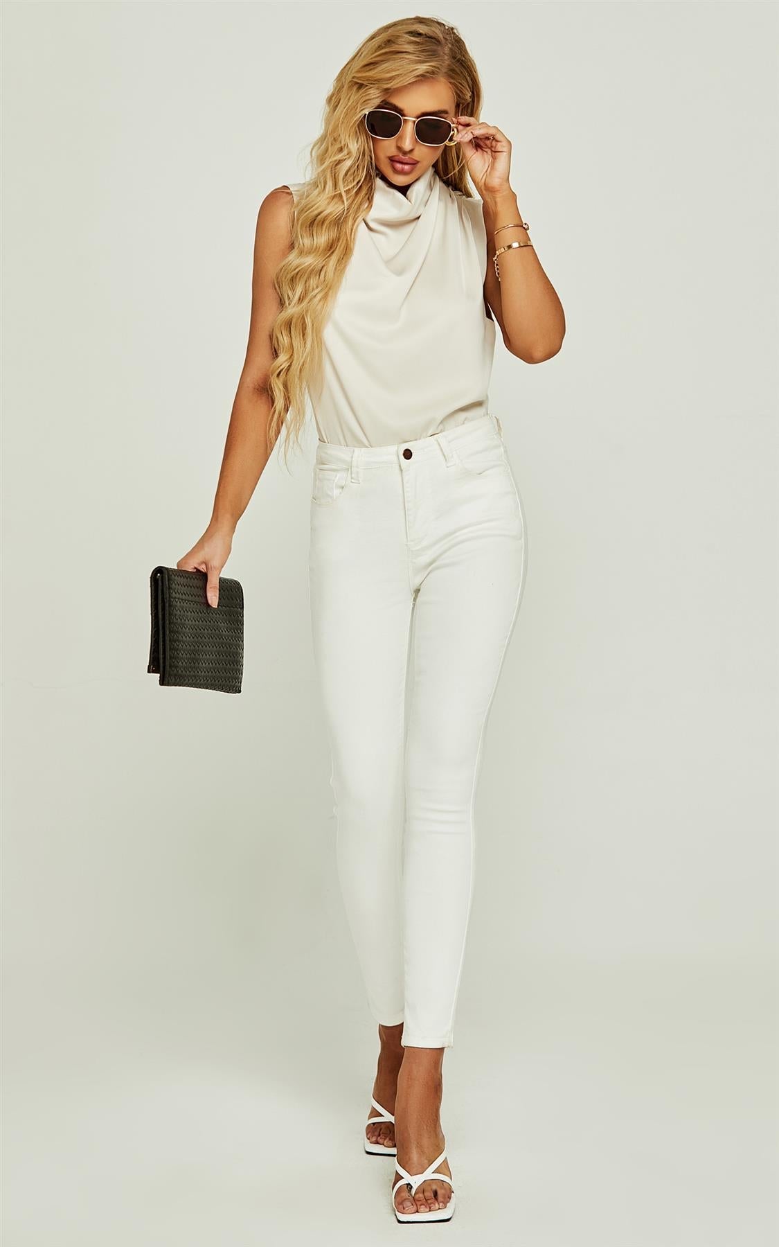 High Neck Sleeveless Blouse In Oyster - AXON