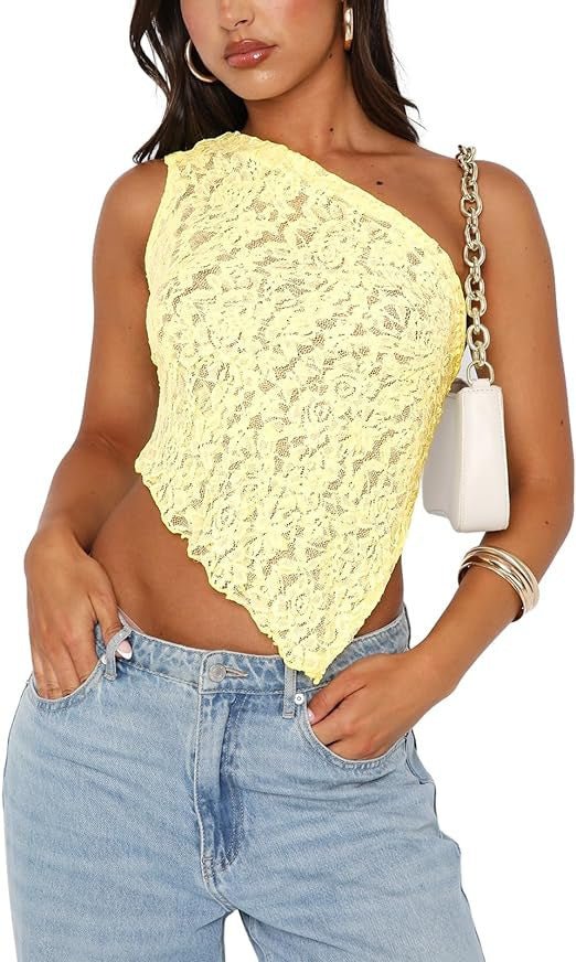 Ins Lace Backless Top Summer Solid Color Waistless Asymmetrical Sloped Neck Vest Streetwear Womens Clothes - AXON