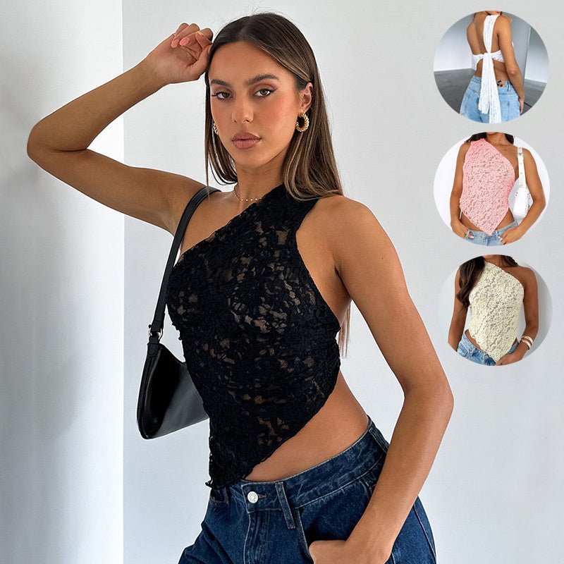 Ins Lace Backless Top Summer Solid Color Waistless Asymmetrical Sloped Neck Vest Streetwear Womens Clothes - AXON