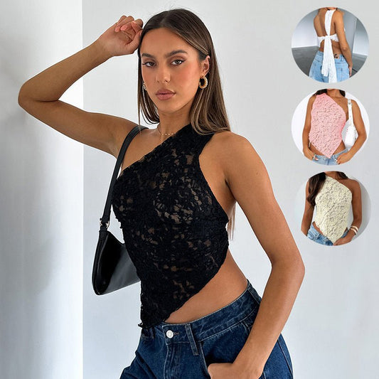 Ins Lace Backless Top Summer Solid Color Waistless Asymmetrical Sloped Neck Vest Streetwear Womens Clothes - AXON
