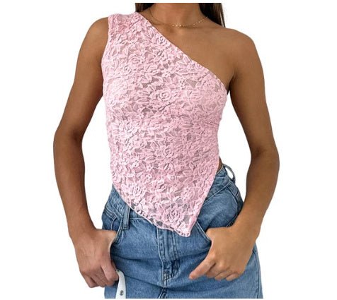 Ins Lace Backless Top Summer Solid Color Waistless Asymmetrical Sloped Neck Vest Streetwear Womens Clothes - AXON