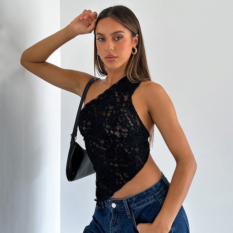 Ins Lace Backless Top Summer Solid Color Waistless Asymmetrical Sloped Neck Vest Streetwear Womens Clothes - AXON