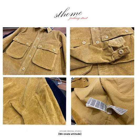 Japanese - style Retro Washed Old Fashion Corduroy Coat - AXON