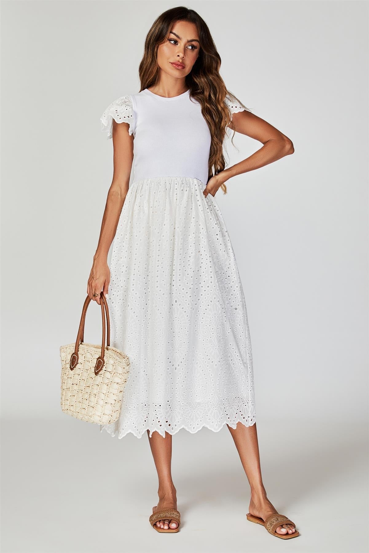 Jersey Broderie Midi Dress In White - AXON