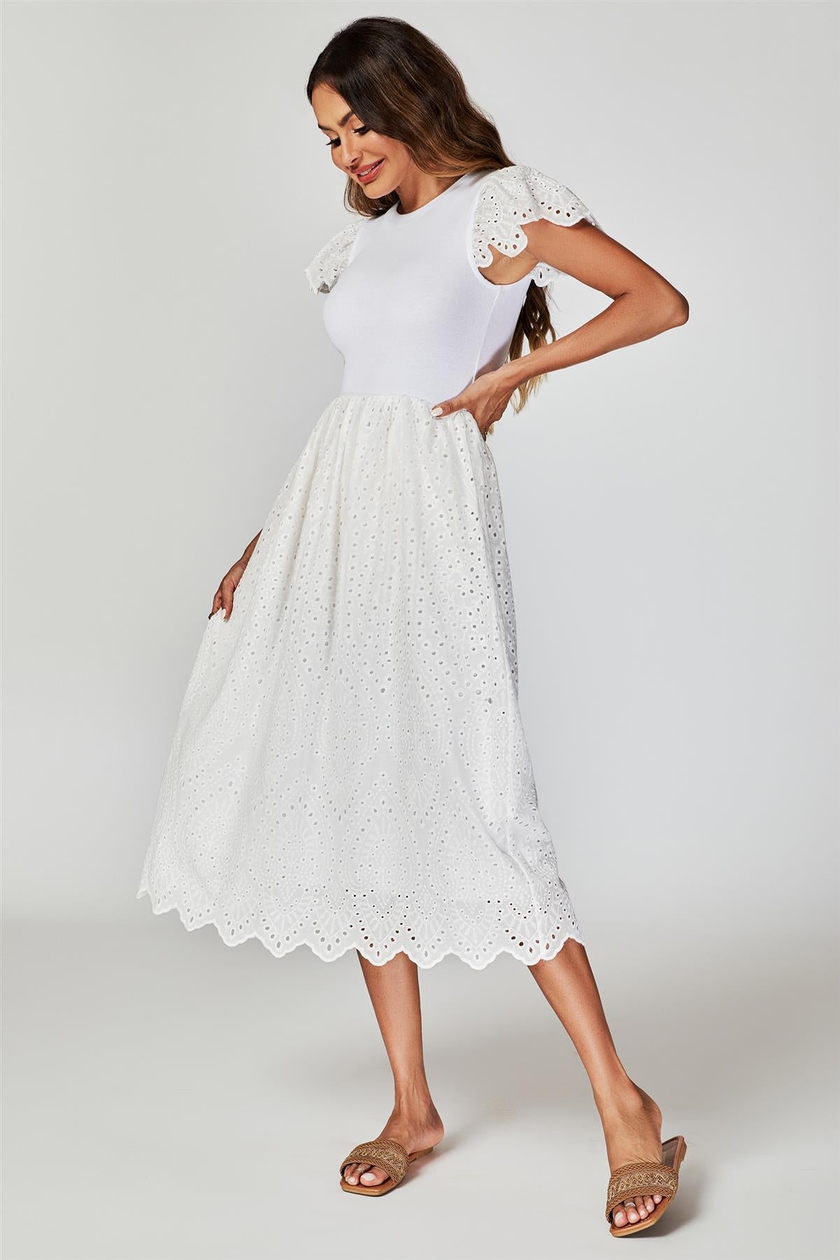 Jersey Broderie Midi Dress In White - AXON