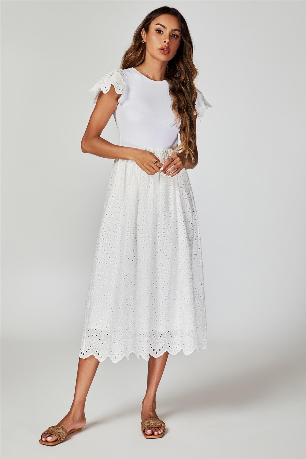 Jersey Broderie Midi Dress In White - AXON
