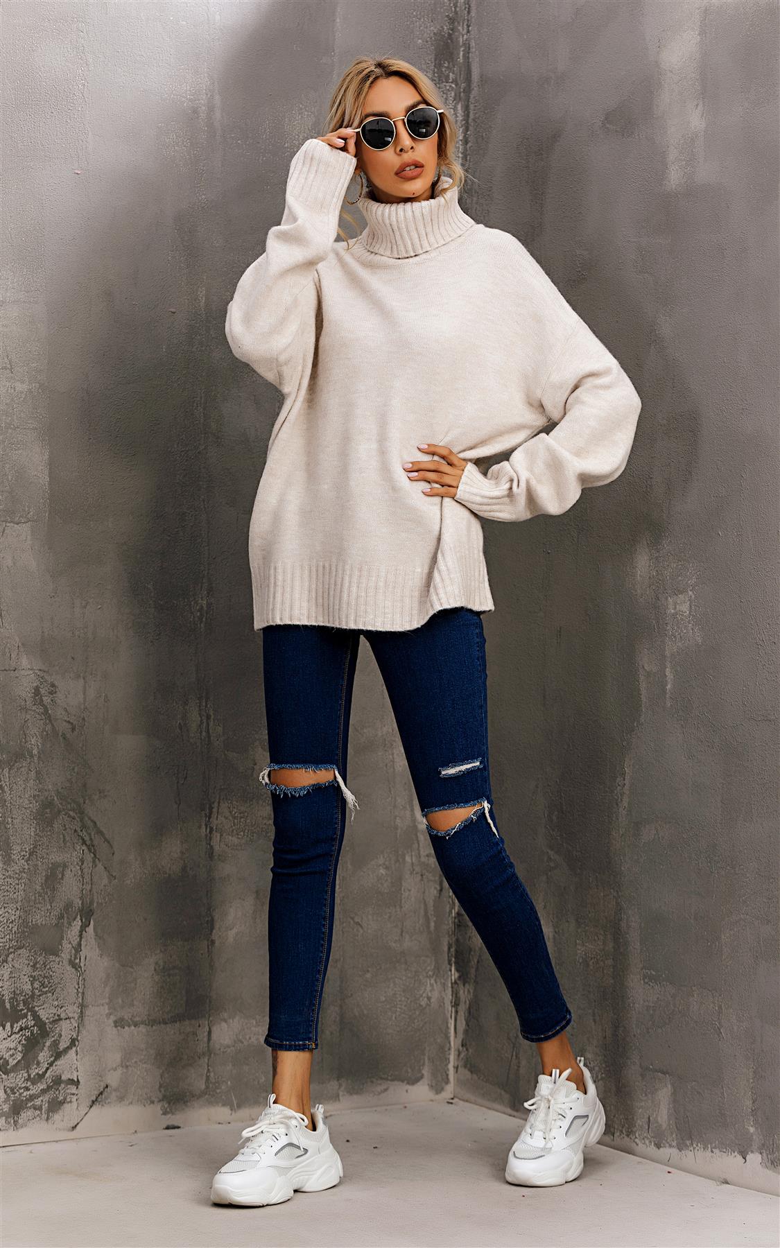 Jumper Top With High Neck In Cream - AXON