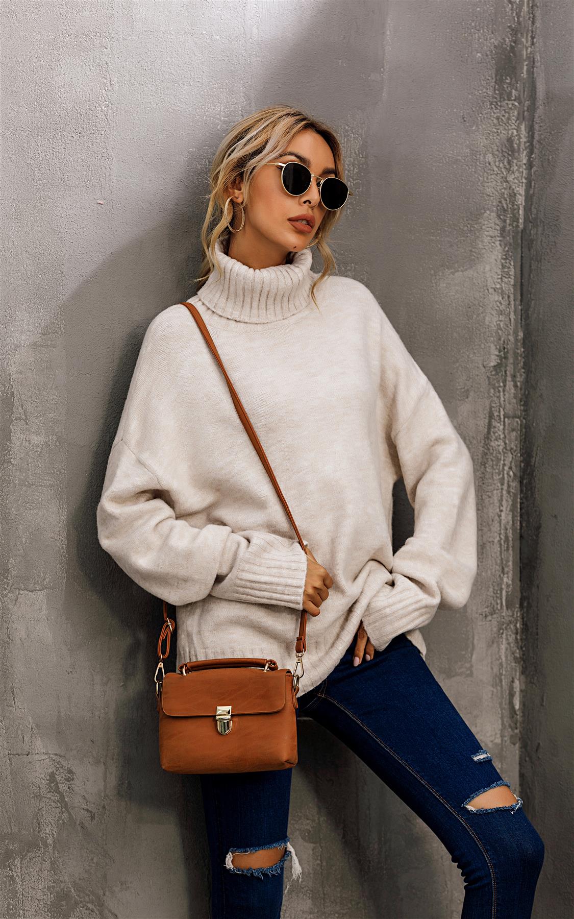 Jumper Top With High Neck In Cream - AXON