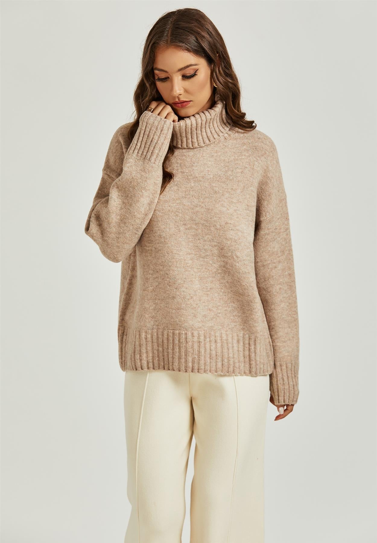Jumper Top With High Neck In Cream - AXON