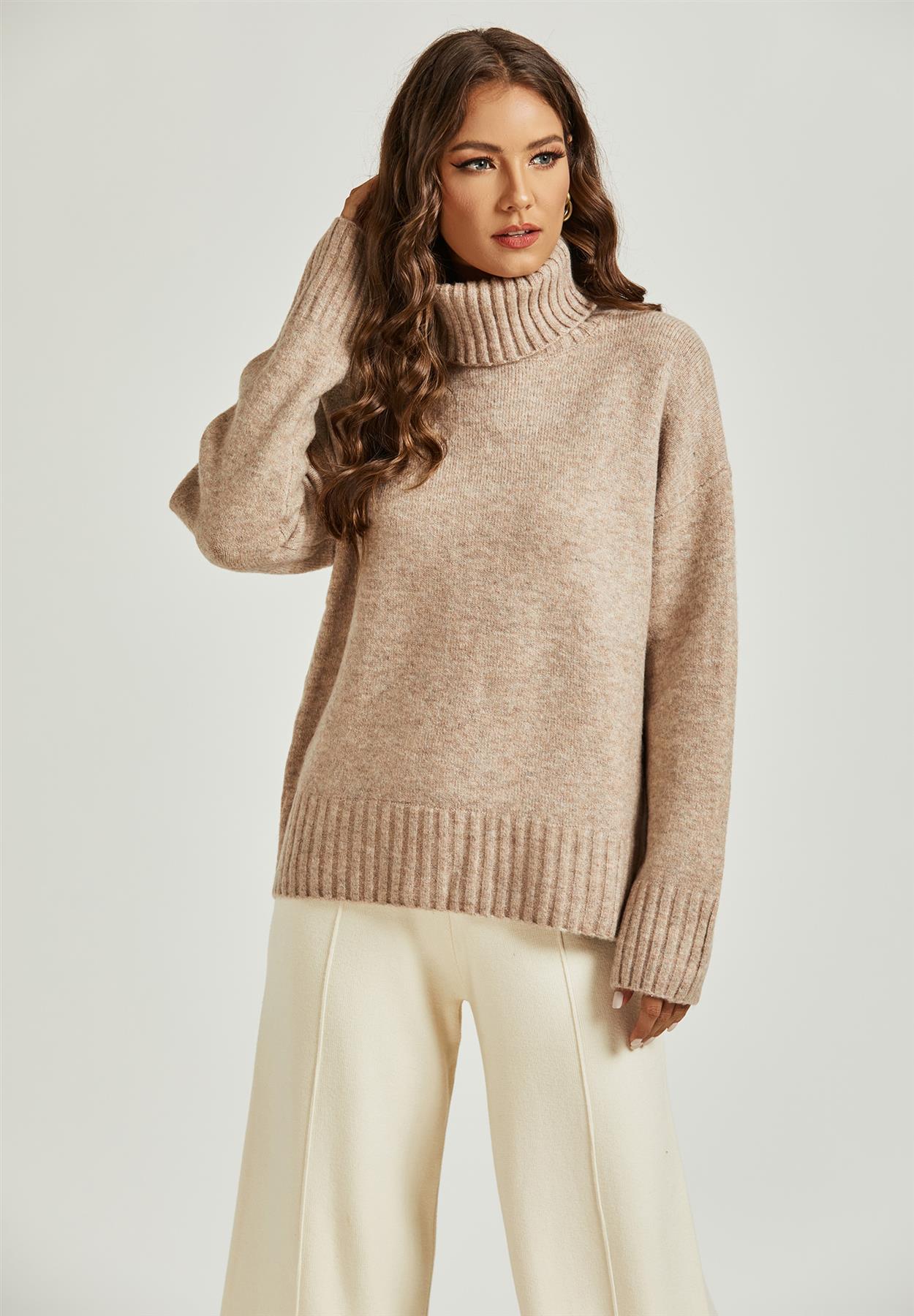 Jumper Top With High Neck In Cream - AXON