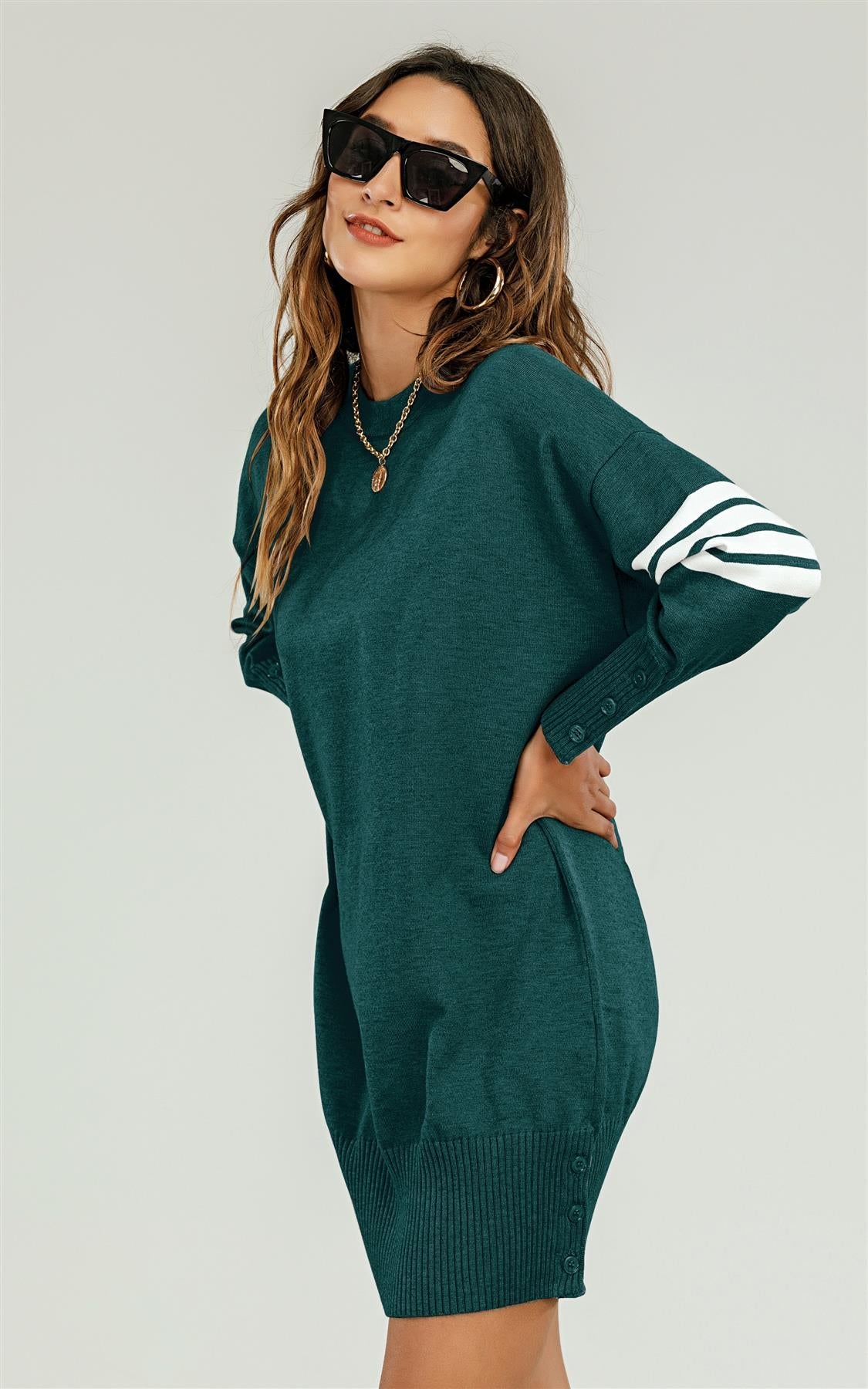 Knitted Tunic Jumper Dress With White Stripe In Dark Green - AXON