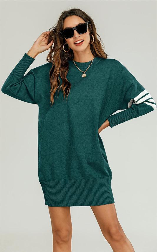 Knitted Tunic Jumper Dress With White Stripe In Dark Green - AXON