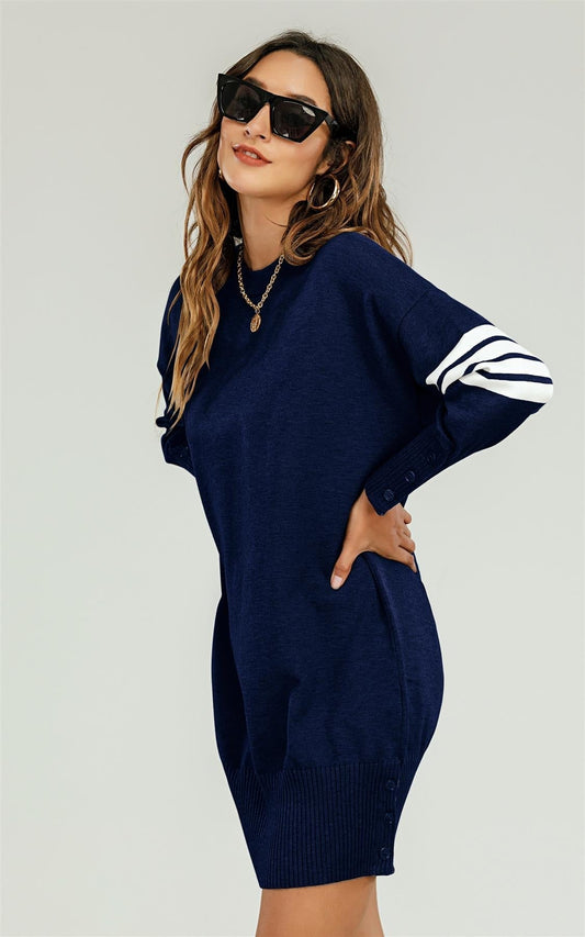 Knitted Tunic Jumper Dress With White Stripe In Navy - AXON