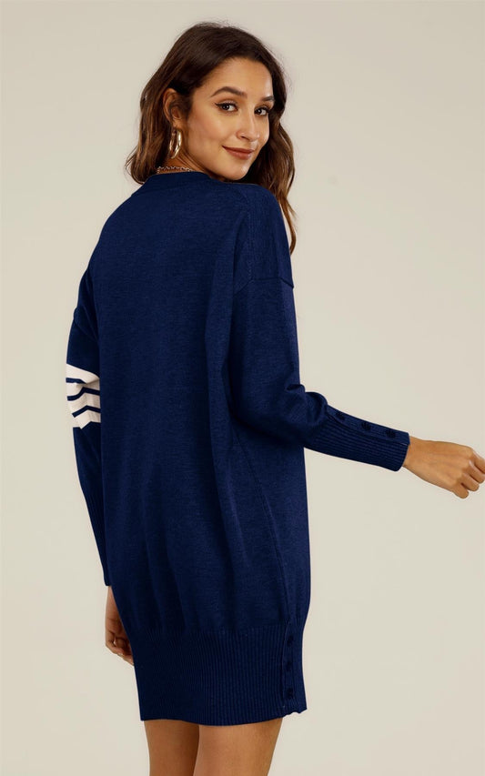 Knitted Tunic Jumper Dress With White Stripe In Navy - AXON