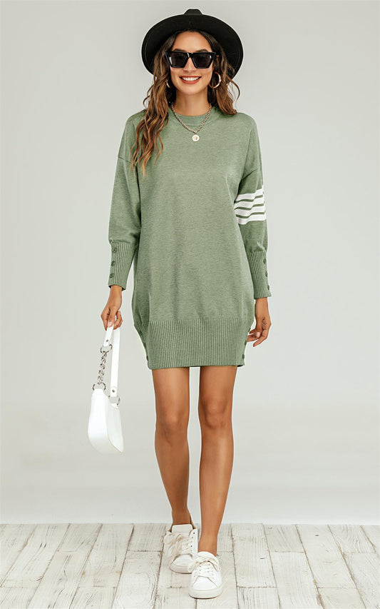 Knitted Tunic Jumper Dress With White Stripe In Olive - AXON
