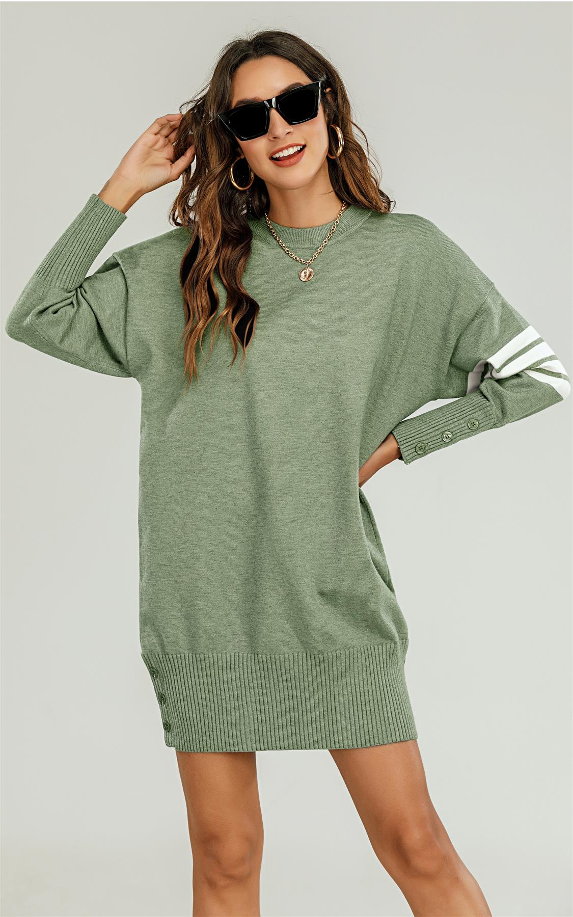 Knitted Tunic Jumper Dress With White Stripe In Olive - AXON