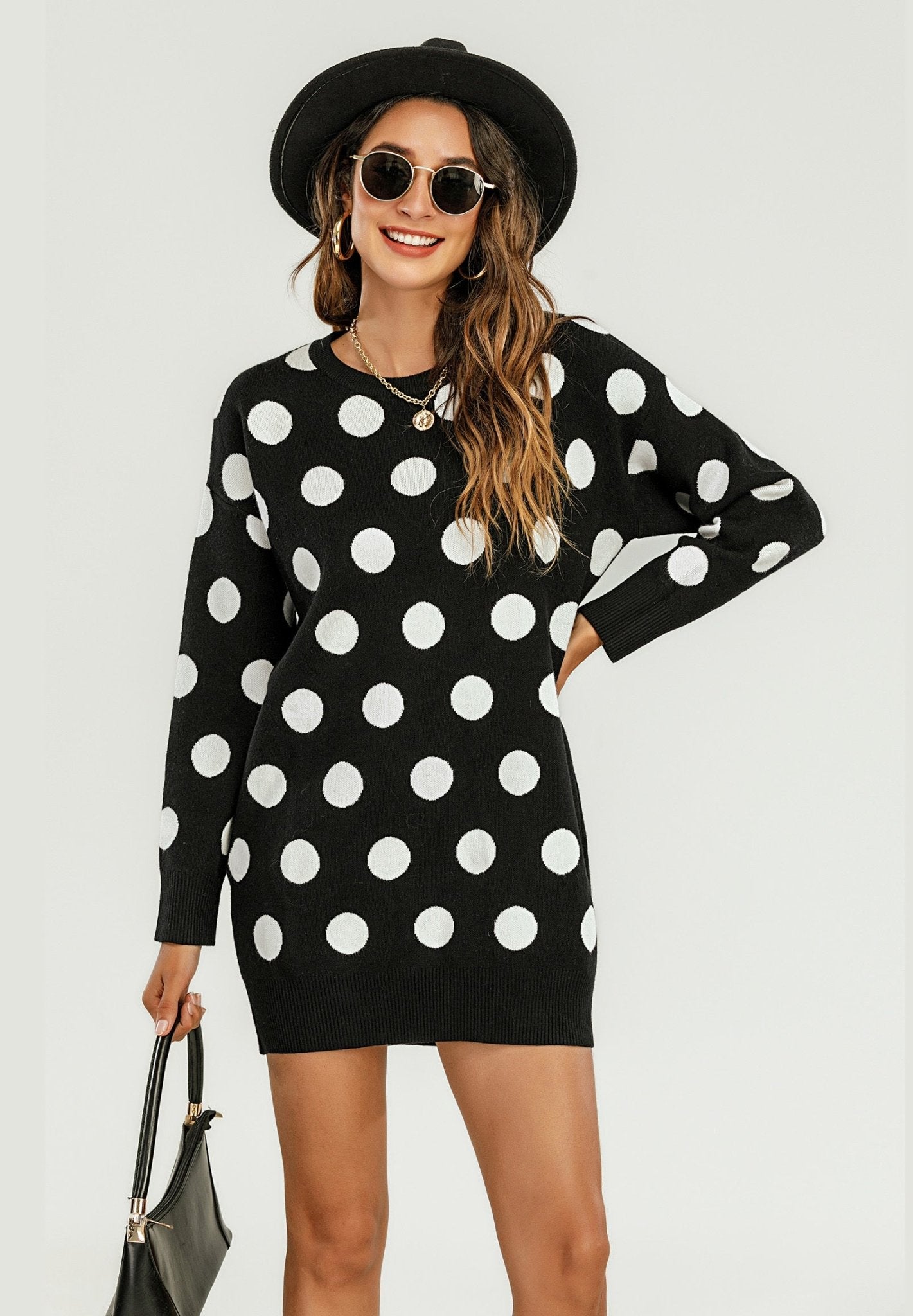 Knitted Tunic Mini Jumper Dress With Polka Dot Pattern - AXON