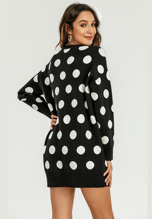 Knitted Tunic Mini Jumper Dress With Polka Dot Pattern - AXON