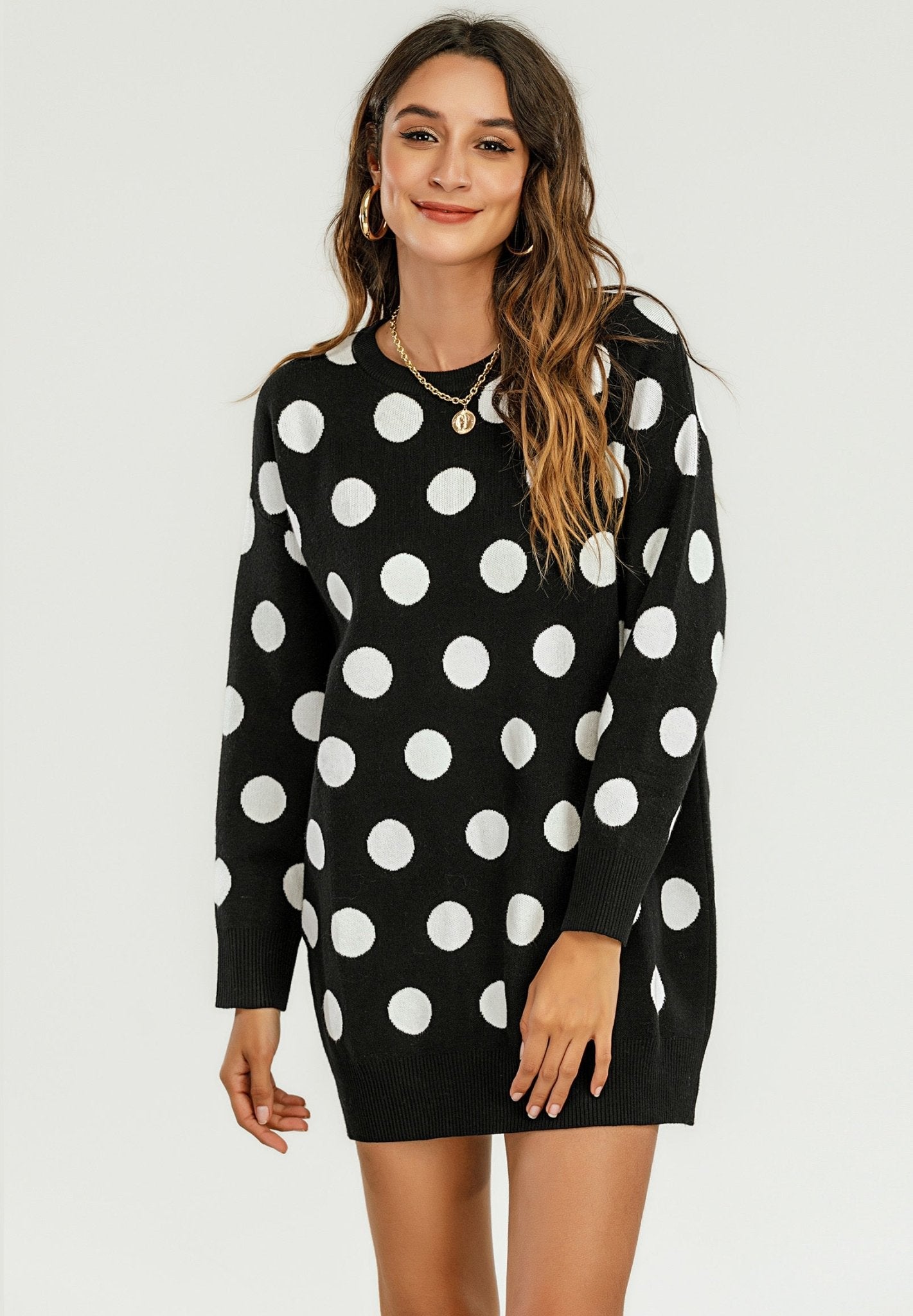 Knitted Tunic Mini Jumper Dress With Polka Dot Pattern - AXON