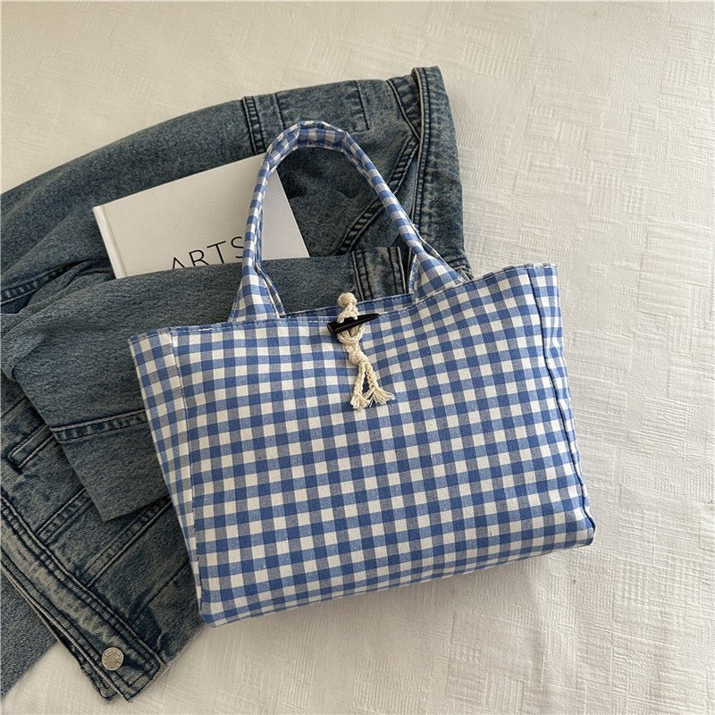 Korean Style Casual Canvas Bag Simple Double Bread Plaid Contrast Color - AXON