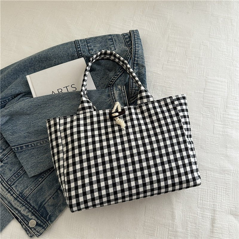 Korean Style Casual Canvas Bag Simple Double Bread Plaid Contrast Color - AXON